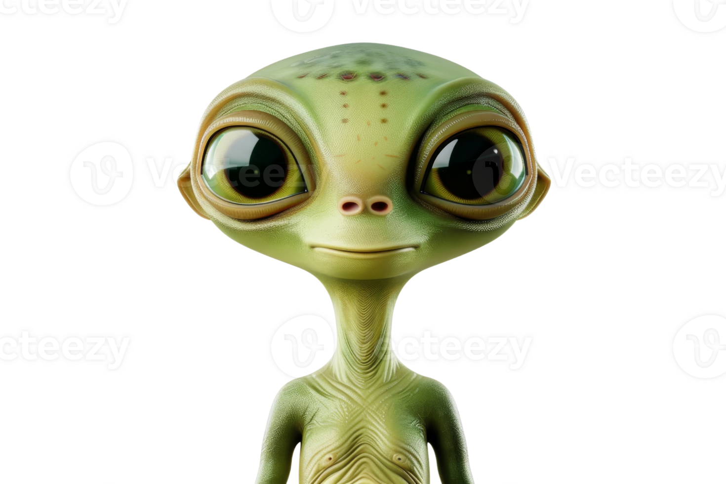 A green alien with big eyes stands in front of a white background. The alien has a creepy, unsettling appearance that makes it seem like it could be from another planet png