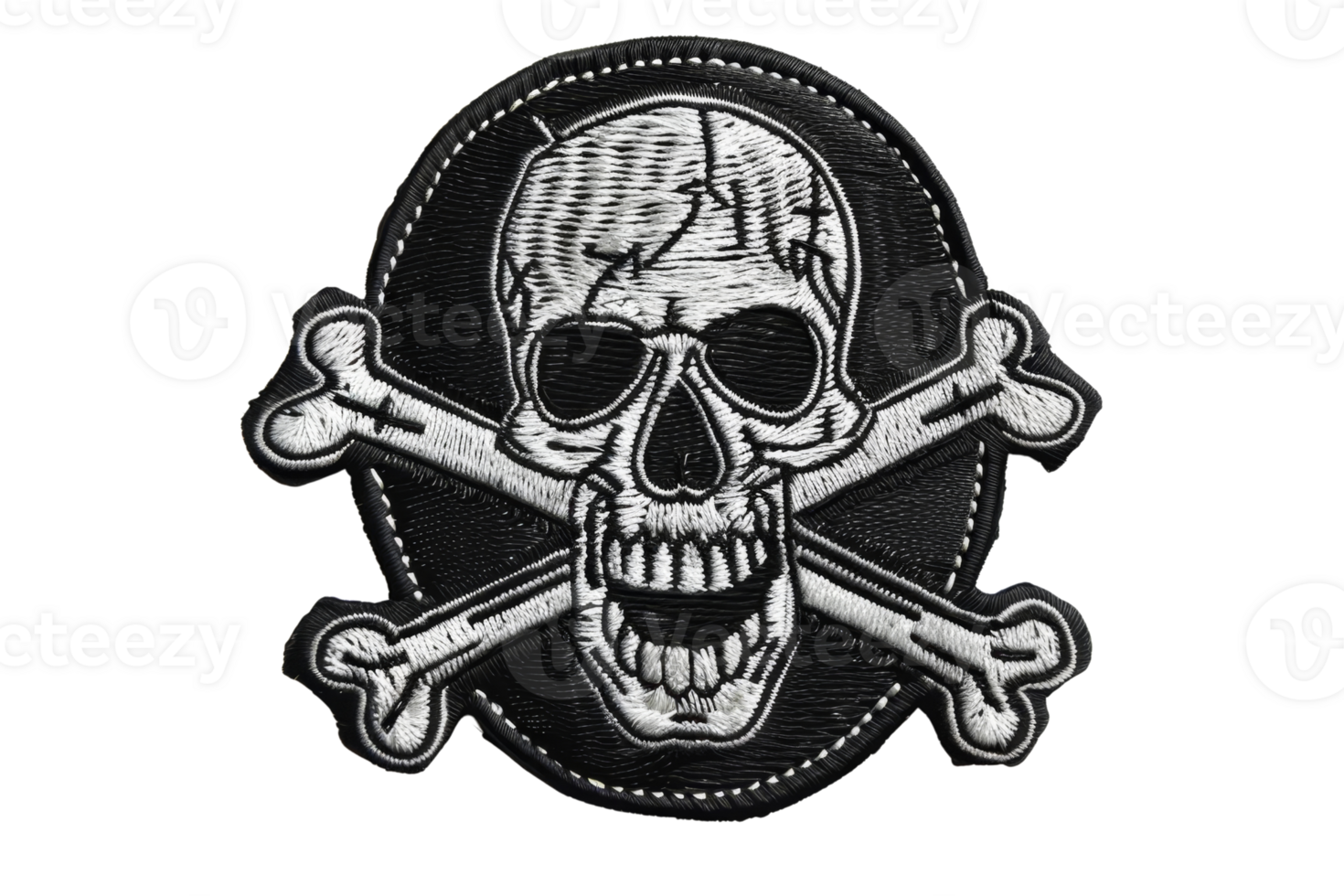 Detailed embroidered skull and crossbones patch with black background, perfect for pirate-themed designs, jackets, or accessories. png