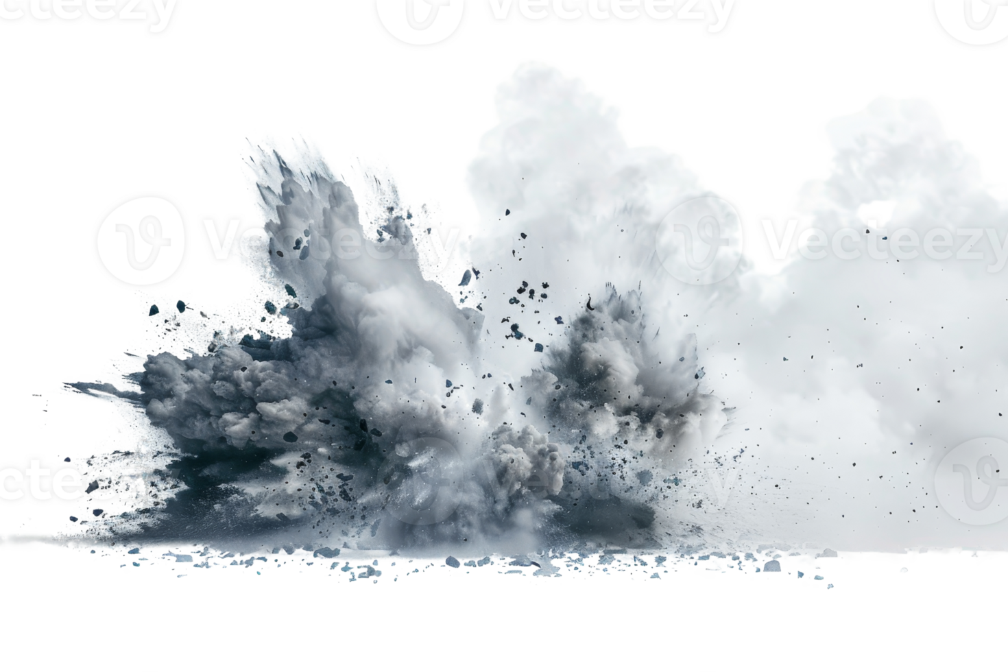 Dramatic explosion with billowing smoke and debris on a transparent background, capturing the energy and chaos of a powerful blast. png