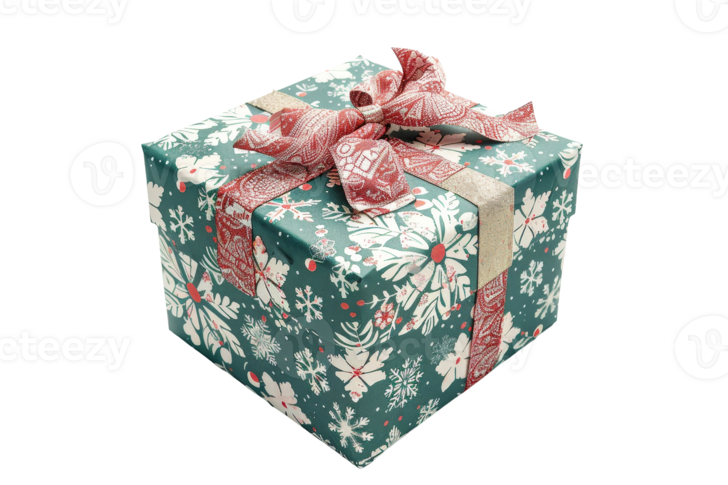 Festive gift box wrapped in green and red paper with snowflake patterns and decorated with a beautiful bow, perfect for Christmas celebrations. png