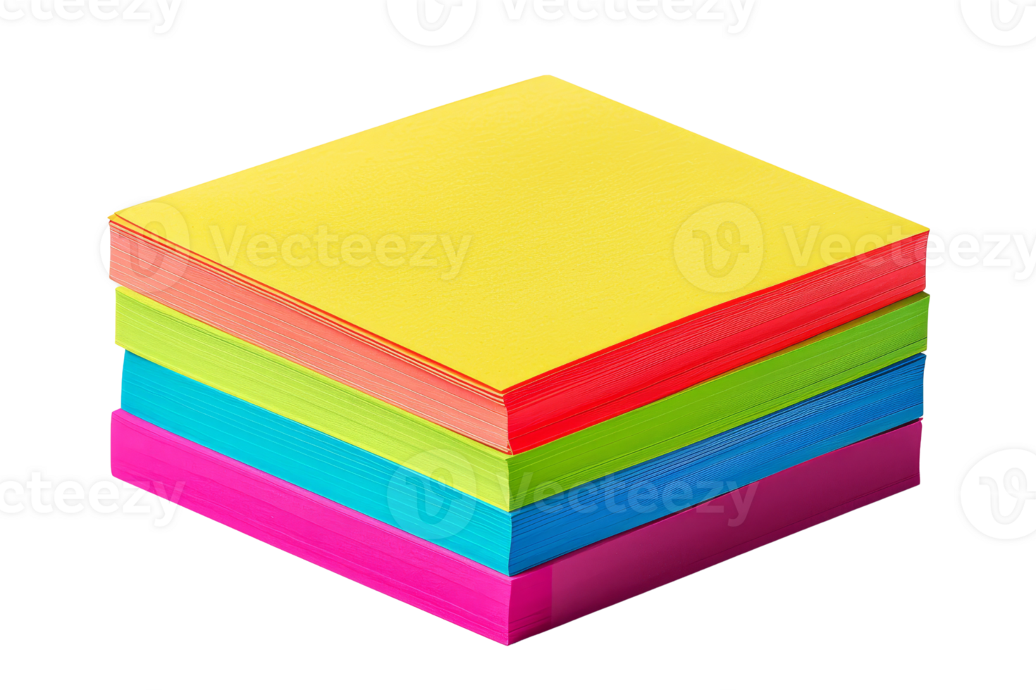 Stack of colorful sticky notes in neon yellow, blue, green, orange, and pink, perfect for office organization and reminders. png