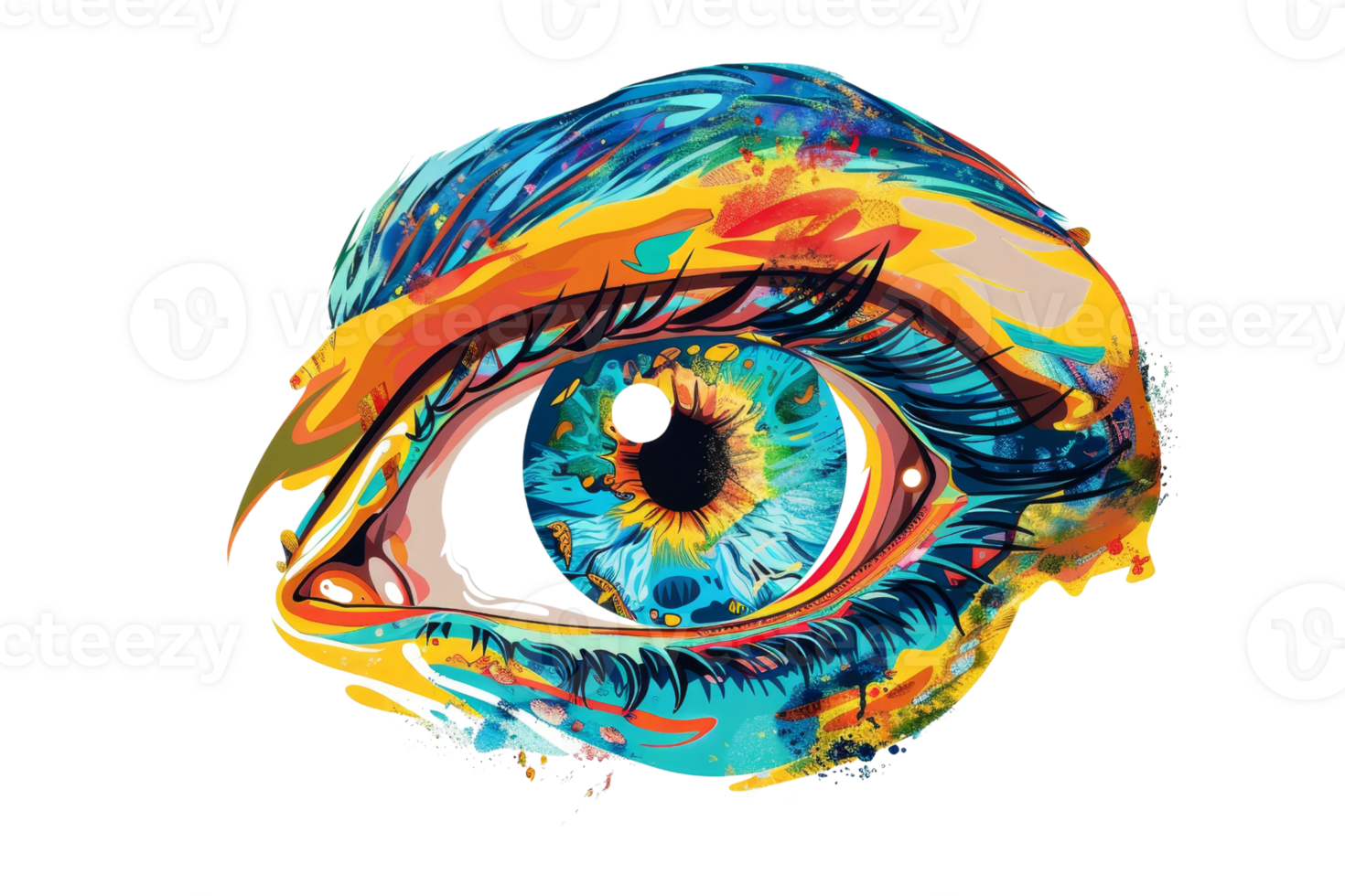 A colorful eye with a rainbow colored iris. The eye is the main focus of the image, and the colors of the iris and the frame create a vibrant and lively atmosphere png