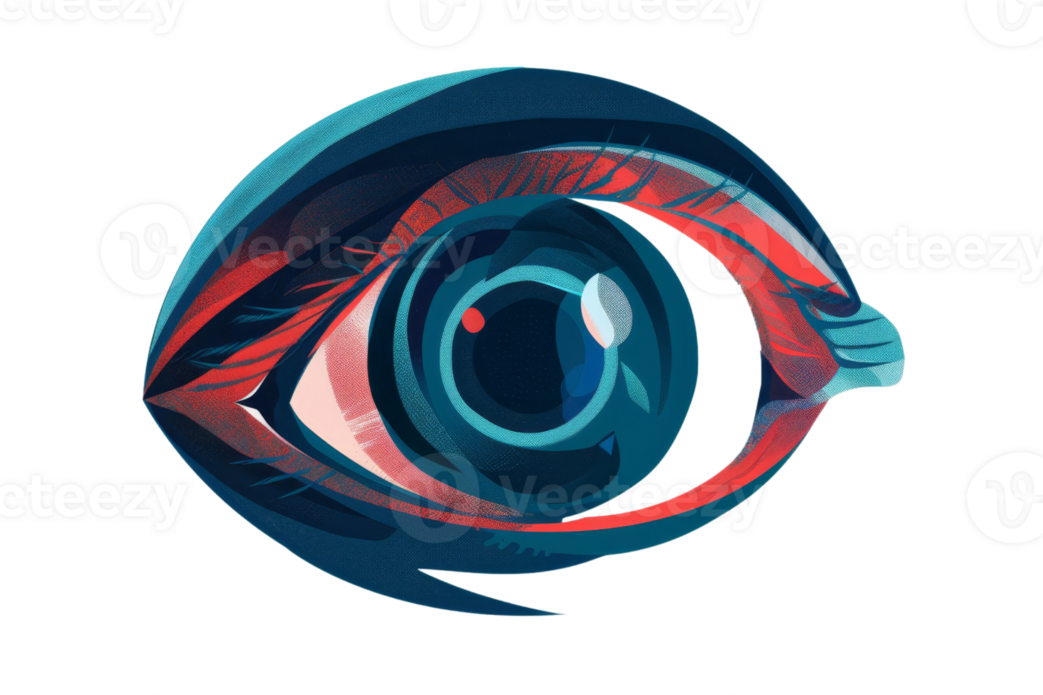 A close up of an eye with a blue and red swirl. The eye is surrounded by a white background png