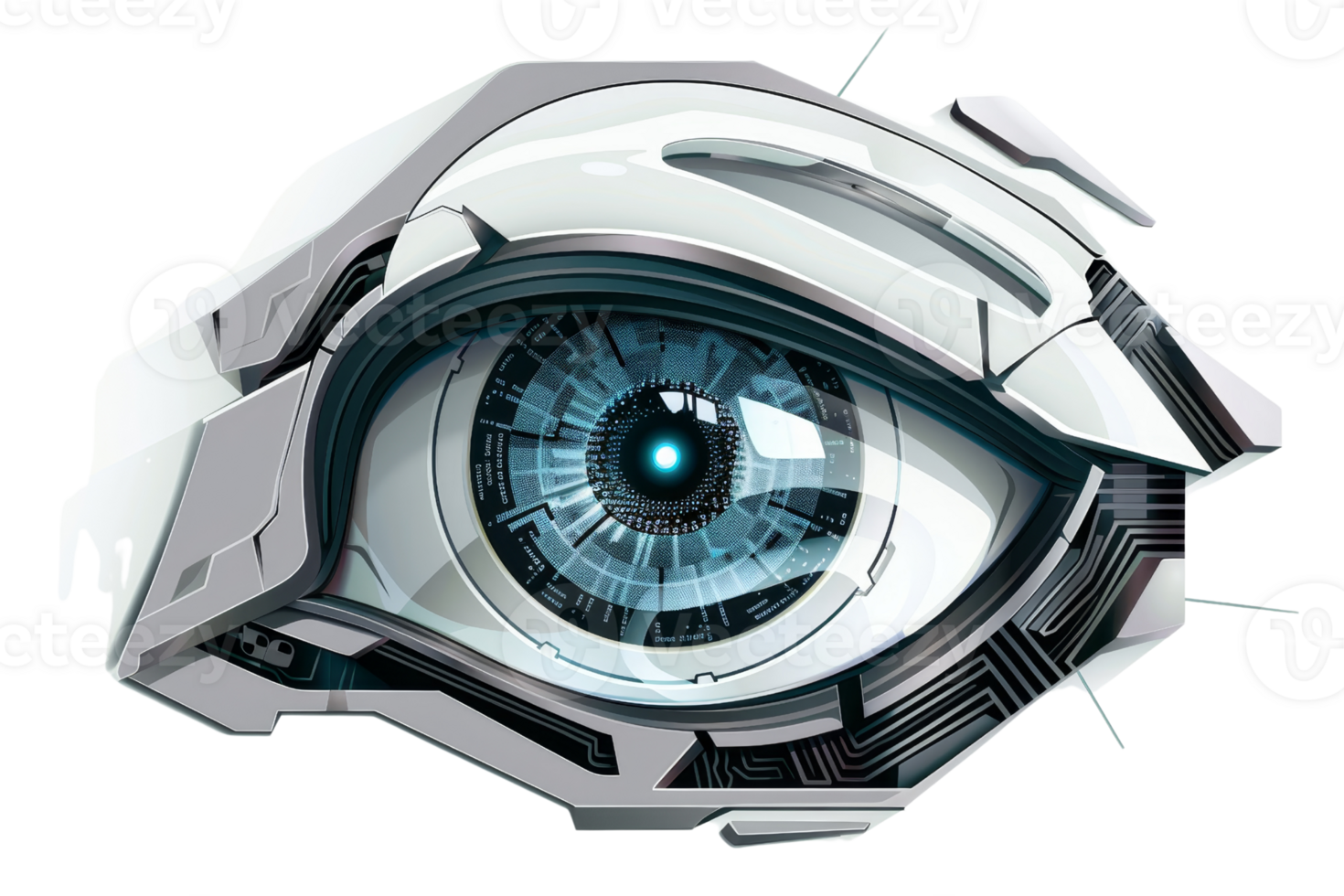 A close up of a blue eye with a metallic frame. The eye is surrounded by a white frame and has a blue tint png