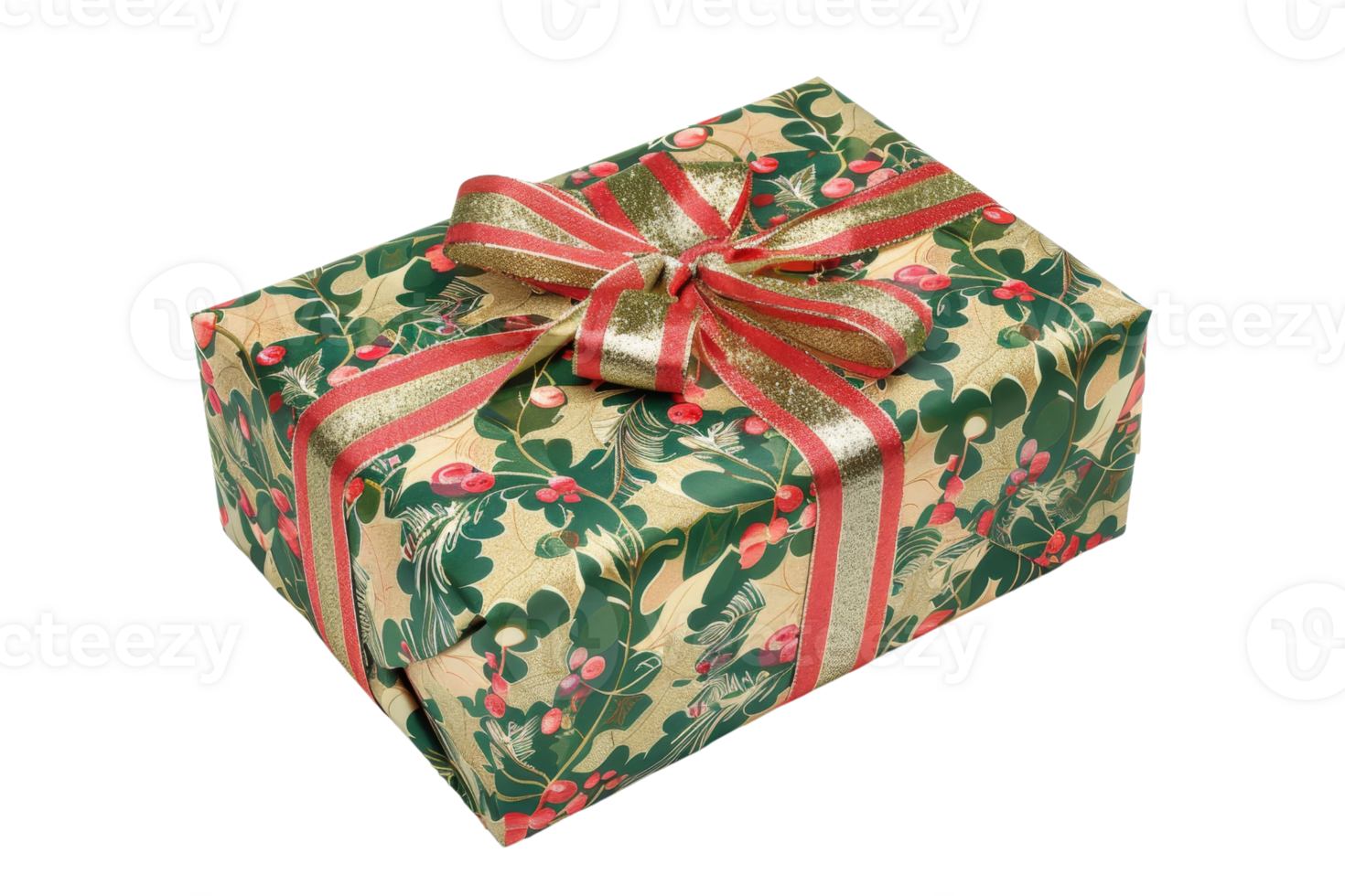 Beautifully wrapped Christmas gift box with festive ribbon and holly pattern paper, perfect for holiday celebrations and special occasions. png