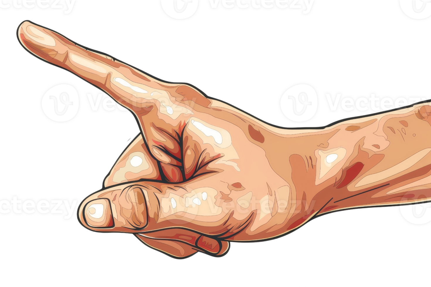 A hand pointing to the left. The hand is drawn in a cartoon style. The image is white and black png