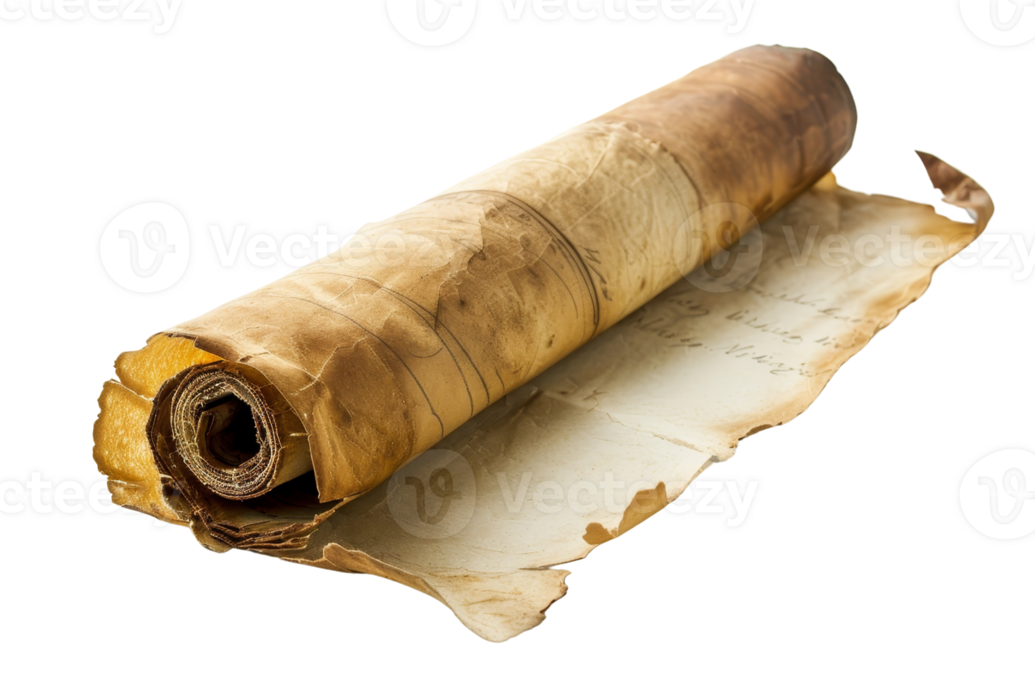Ancient rolled parchment with aged, weathered texture, open on one side, perfect for historical or vintage themes. png