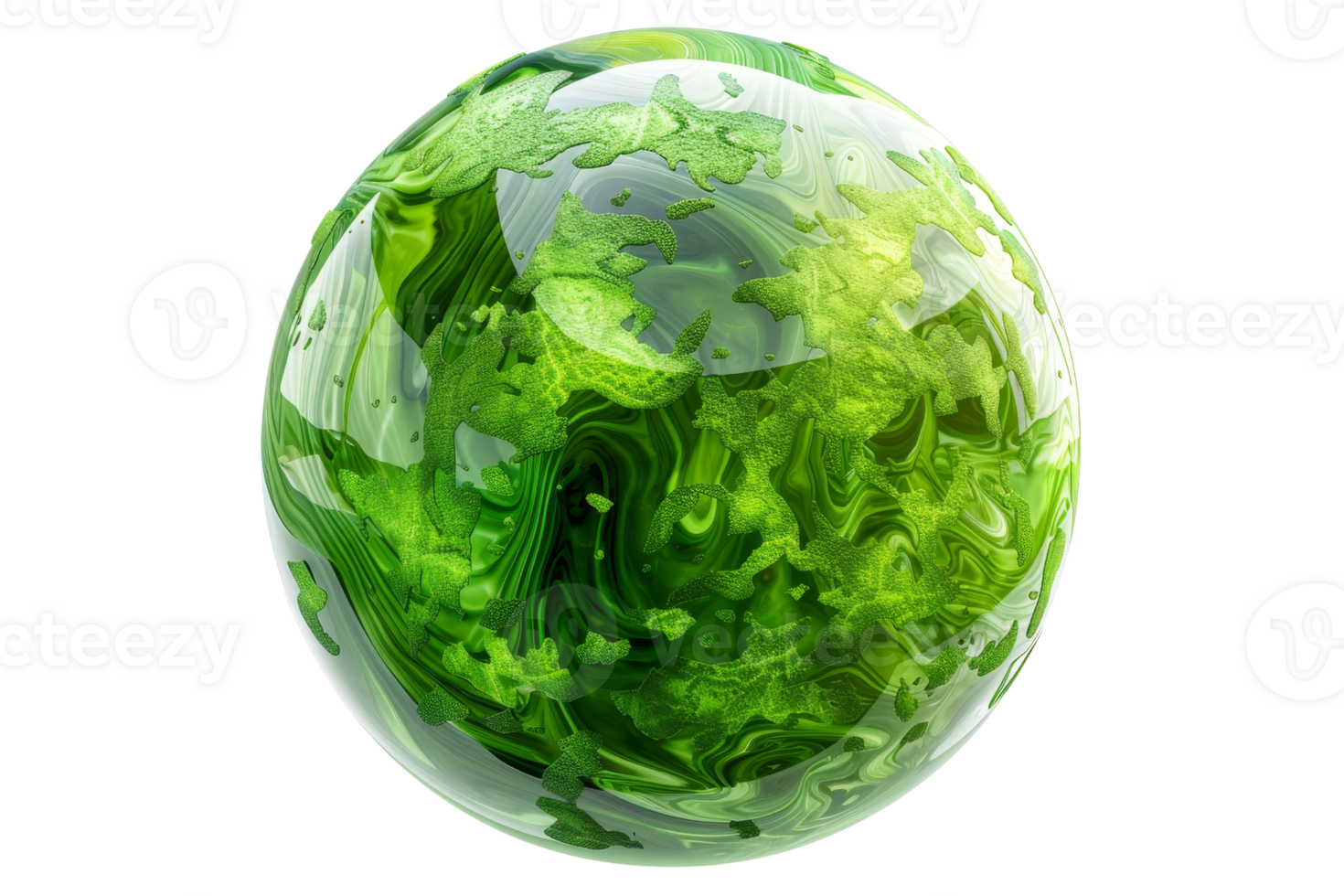 A green gemstone with a swirl pattern. The stone is shiny and has a unique texture. It is a piece of art, rather than a natural stone png