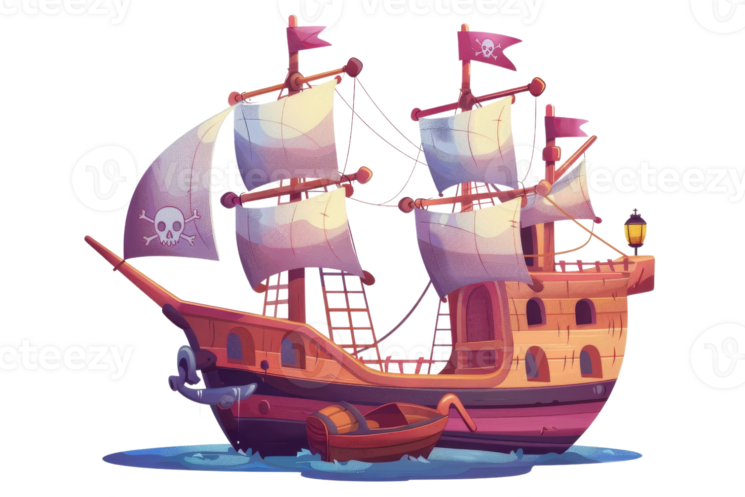 A cartoon drawing of a pirate ship with a skull flag on the mast. The ship is sailing in the ocean with a small boat in the water png