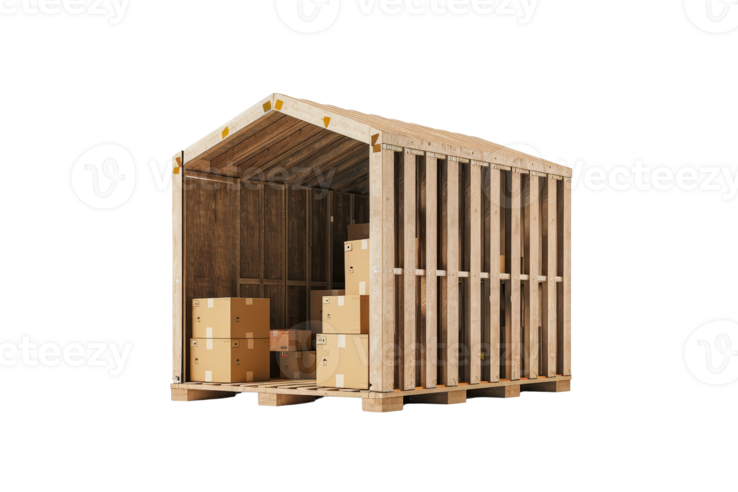 Wooden storage shed filled with cardboard boxes, offering a practical solution for outdoor organization and efficient space utilization. png