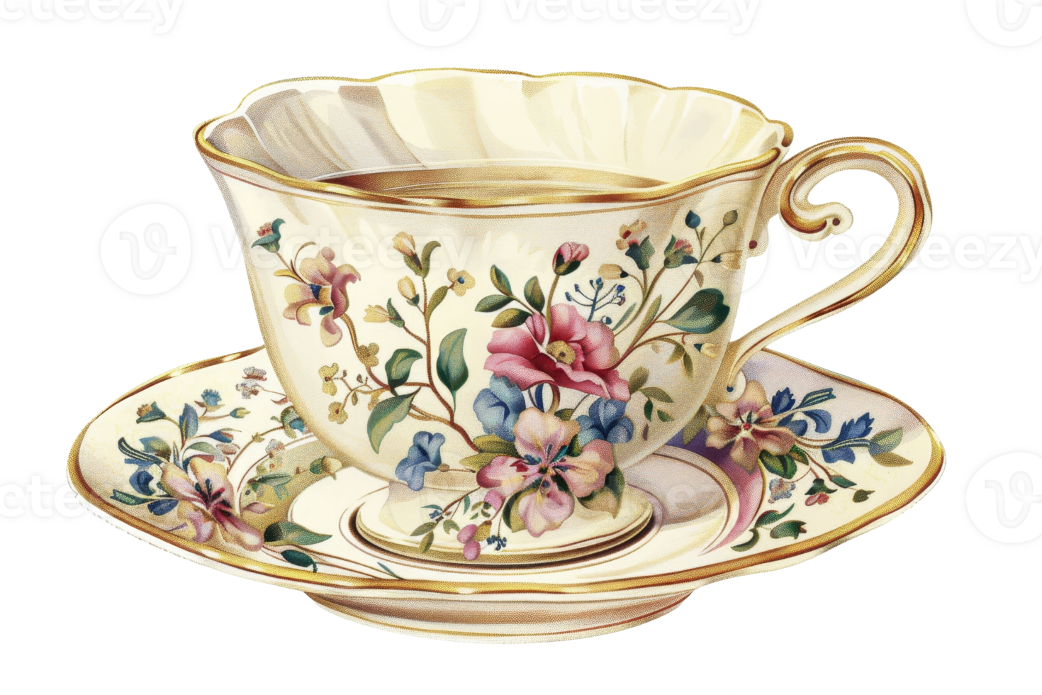 A cup with flowers on it sits on a white plate. The cup is decorated with pink and blue flowers and leaves png
