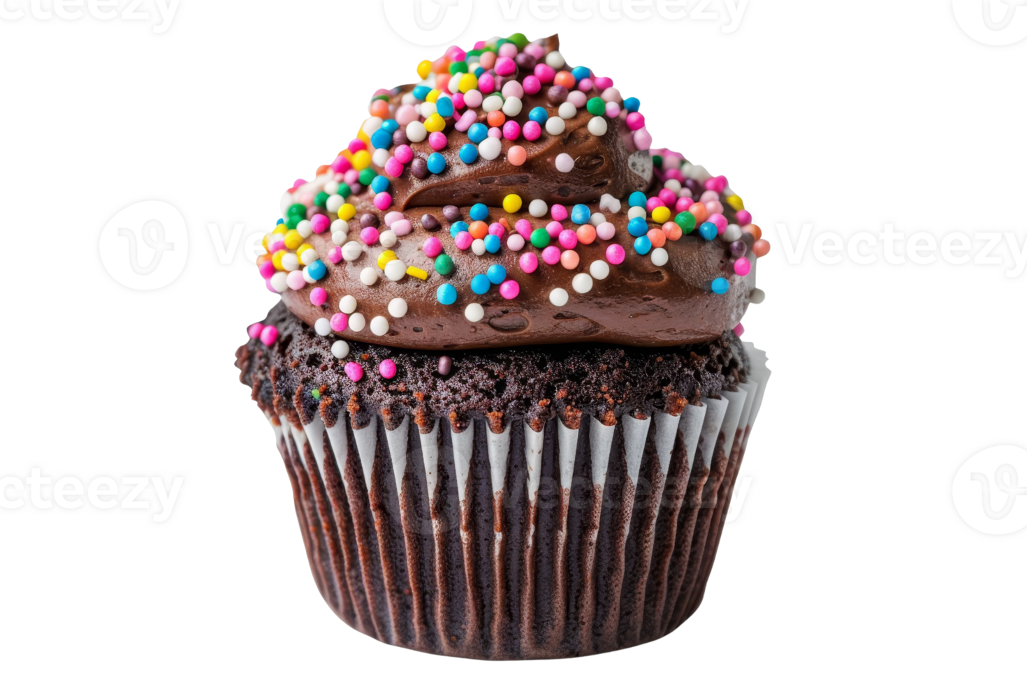 Delicious chocolate cupcake with rich frosting topped with colorful sprinkles, perfect for dessert and celebration themes. png