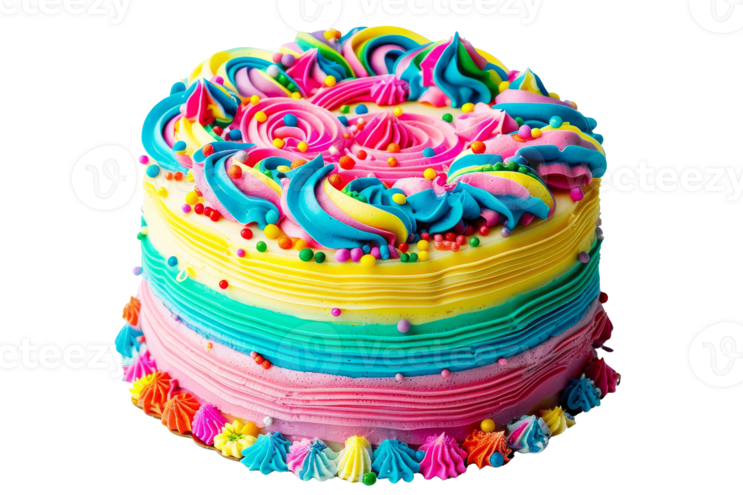 Colorful festive birthday cake with vibrant icing and decorative sprinkles. Perfect for celebrations, parties, and special occasions. png