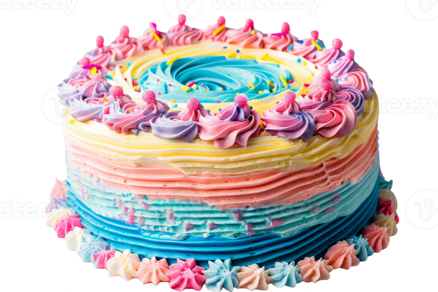 Colorful frosted cake with rainbow icing and decorative swirls, perfect for celebrations and parties. Ideal for festive and joyful occasions. png