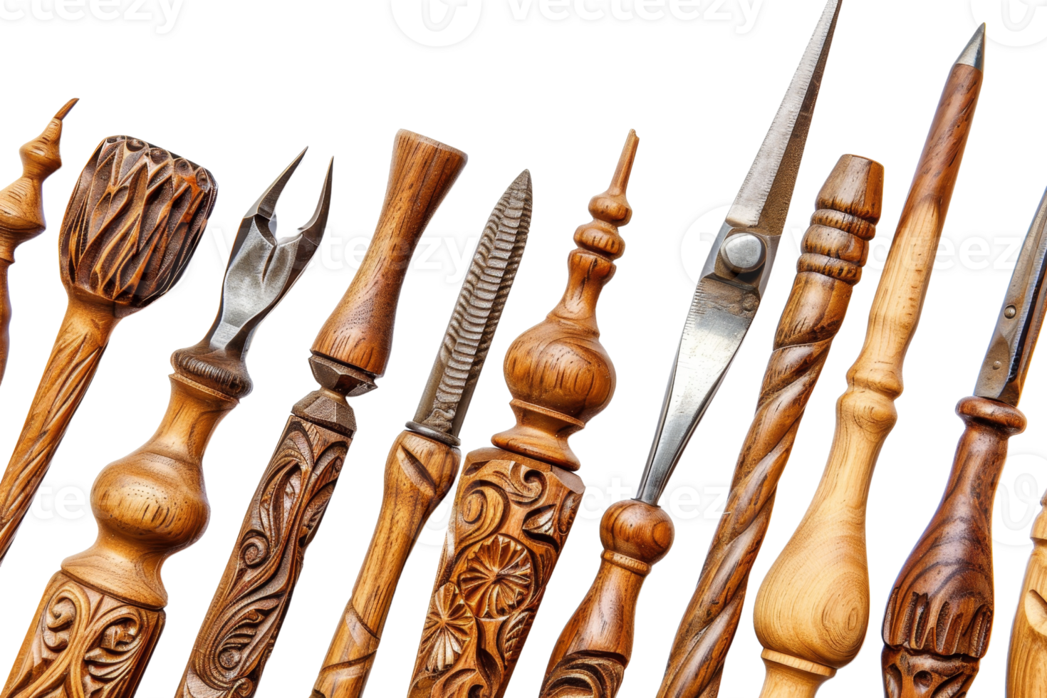 A collection of intricately carved wooden tools and instruments showcasing craftsmanship and detailed design, perfect for art and craft enthusiasts. png