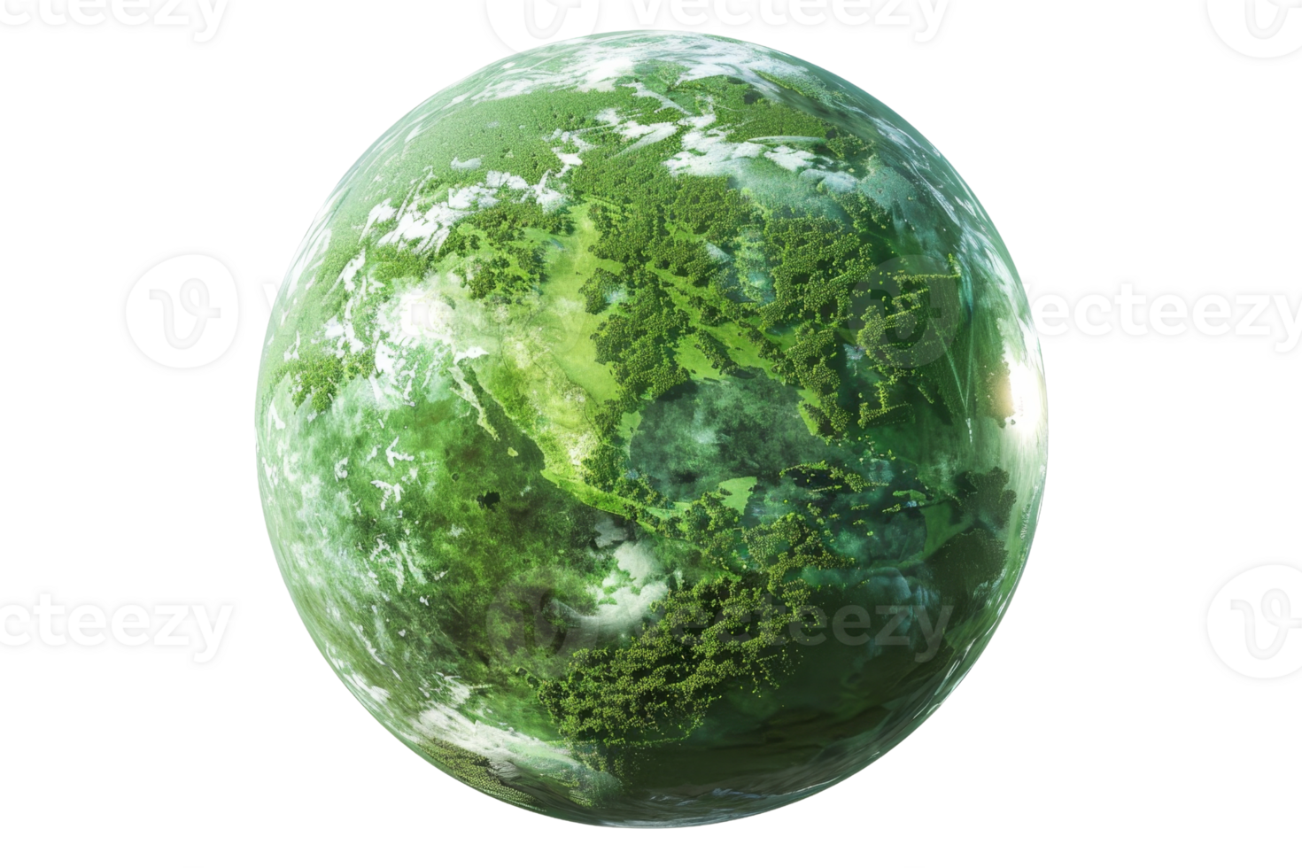A green planet with a lot of trees and clouds. The planet is very large and has a lot of greenery on it png