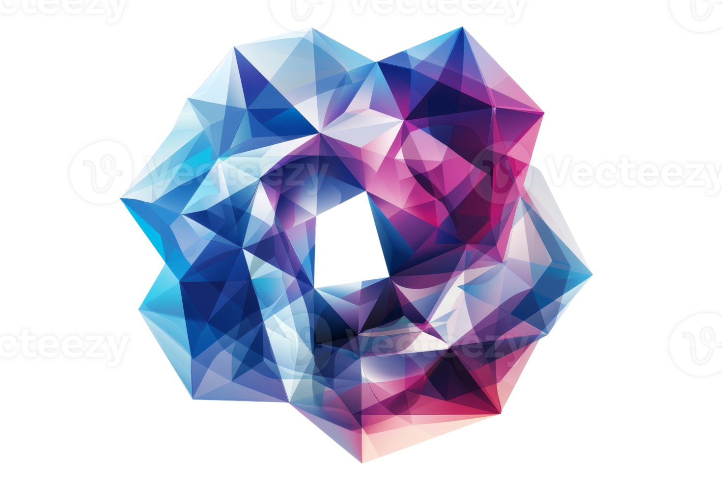 Geometric abstract design with vibrant colors, blending shades of blue and pink, creating a unique polygonal pattern in a circular form. png