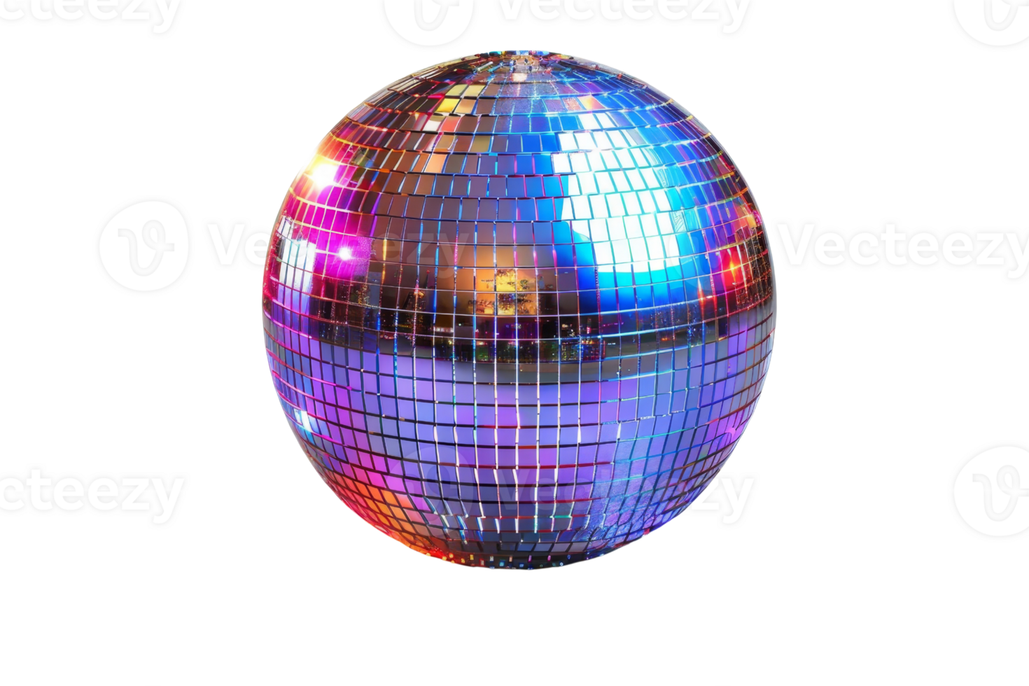 Shiny disco ball reflecting colorful lights, perfect for party themes, dance events, or music venue decoration. png