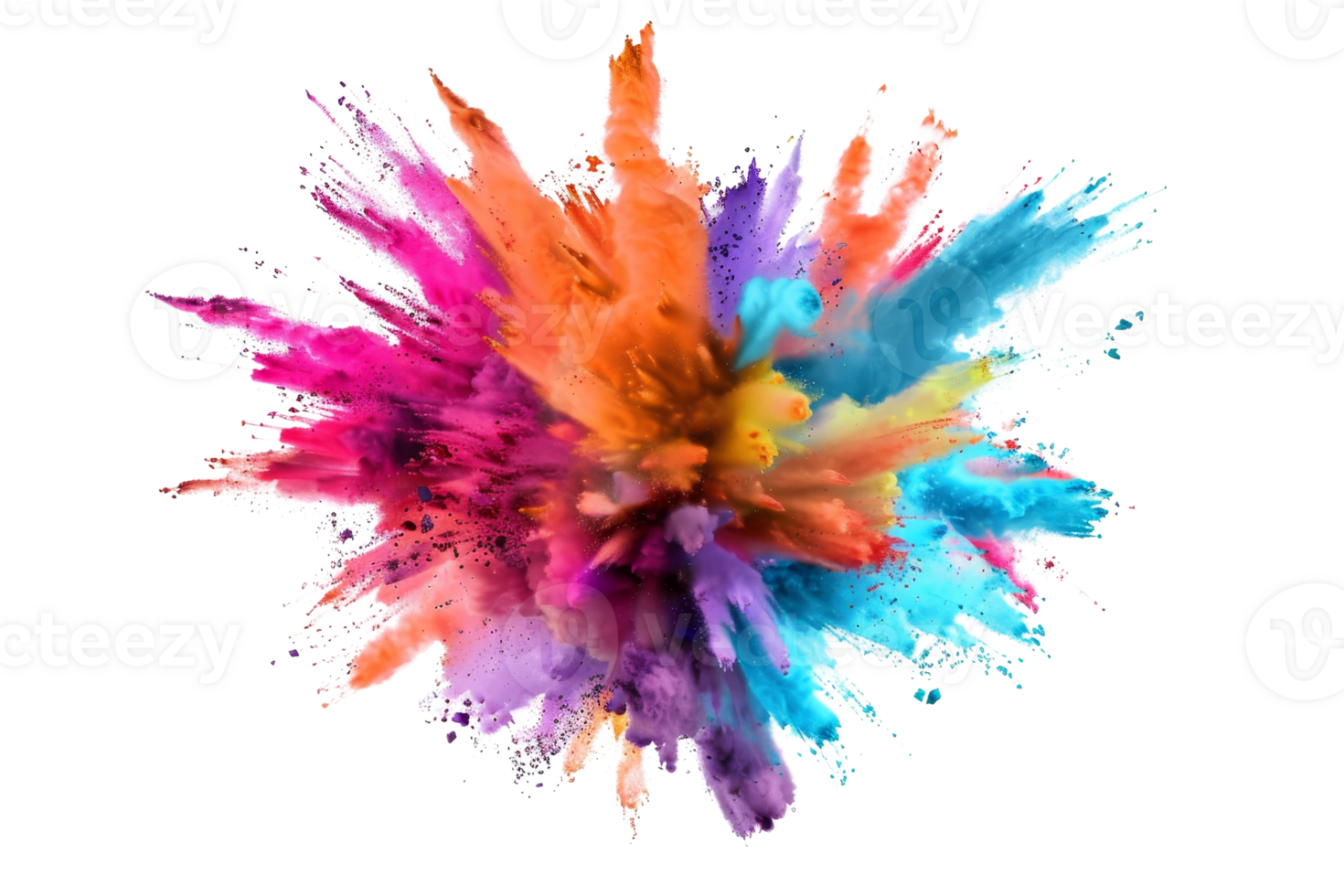Vibrant explosion of colorful powder creating a stunning abstract design and dynamic visual effect on a transparent background. png