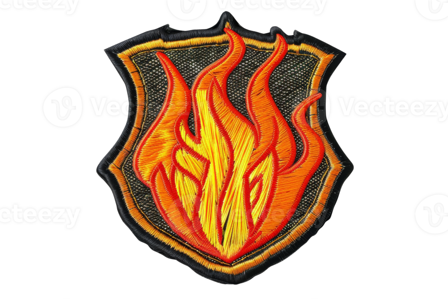 Embroidered badge featuring a flaming emblem with vibrant orange and yellow colors on a shield background, perfect for decoration or uniform. png