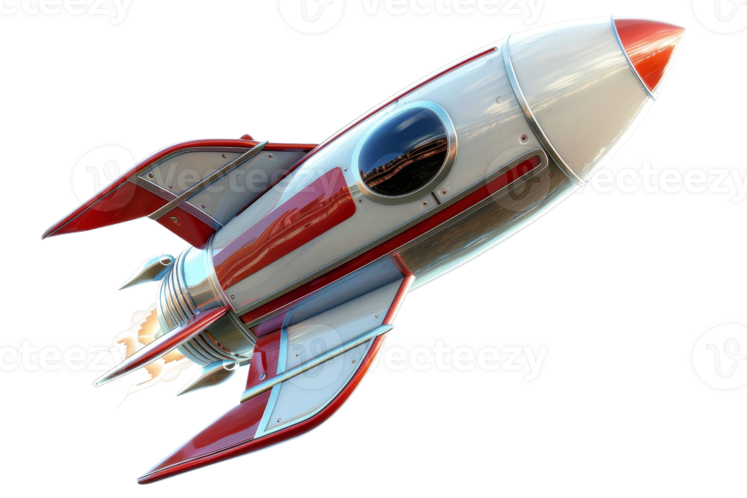 Illustration of a retro-style rocket ship with red and white coloring, blasting off into space. Perfect for creative and sci-fi themed projects. png