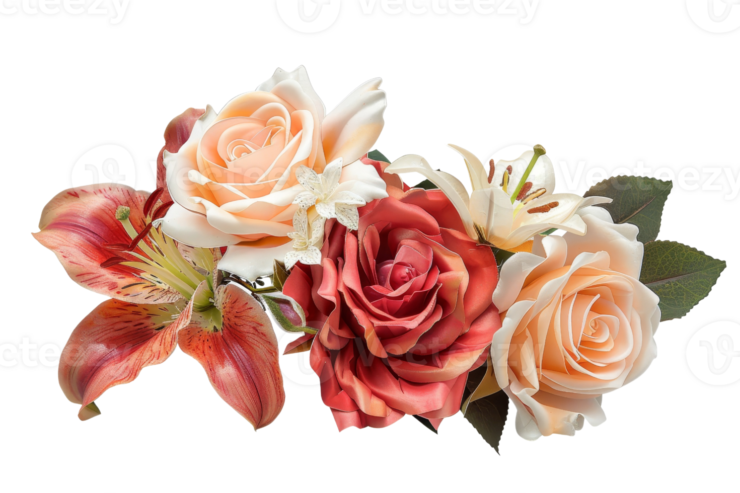 Stunning floral arrangement featuring artificial roses and lilies in delicate, soft colors, perfect for home decor or special events. png