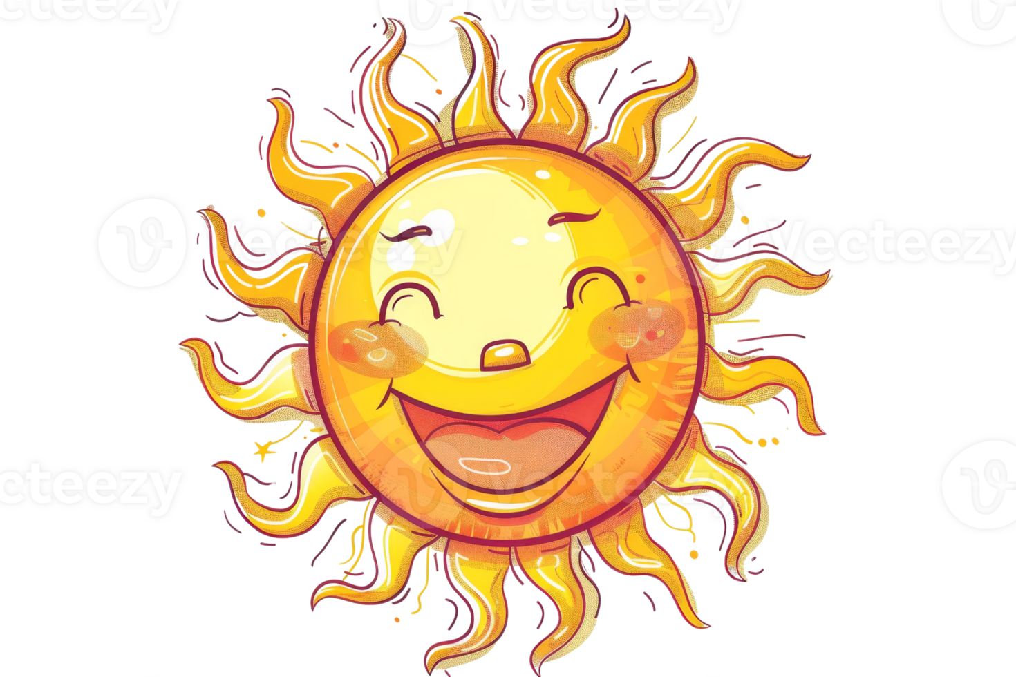 Cheerful cartoon sun with smiling face and vibrant rays, isolated on transparent background. Perfect for summer and bright, happy themes. png