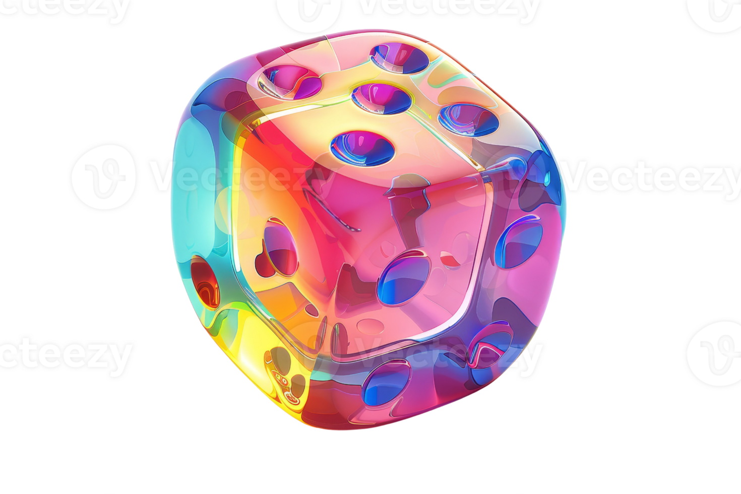 Colorful transparent dice with reflections and shadows, isolated on transparent background. Vibrant hues and translucent design. png