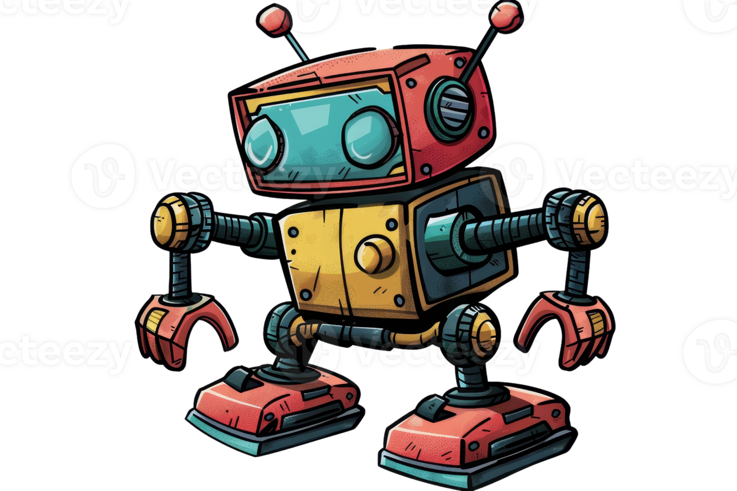 Colorful cartoon robot with antennas and mechanical arms, standing against a transparent background. Ideal for tech and sci-fi themed projects. png
