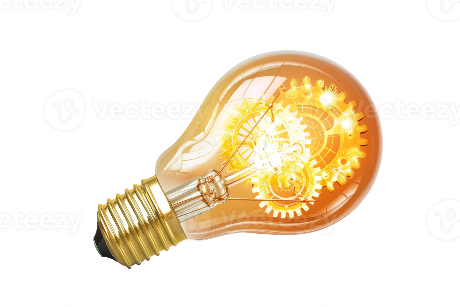Illuminated light bulb with intricate gears inside, symbolizing innovation, creativity, and technology in a bright, glowing design. png