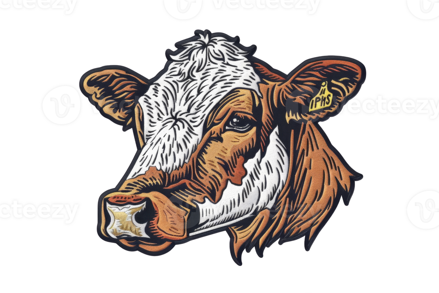 Detailed illustration of a cow head with expressive features, ideal for agricultural designs, farm themes, nature artwork, and animal-related concepts. png