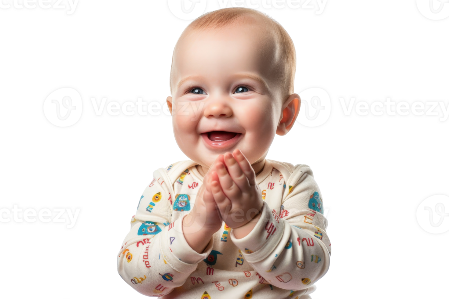 Joyful baby smiling and clapping hands, wearing colorful onesie with playful patterns. Adorable expression and happy moment captured beautifully. png