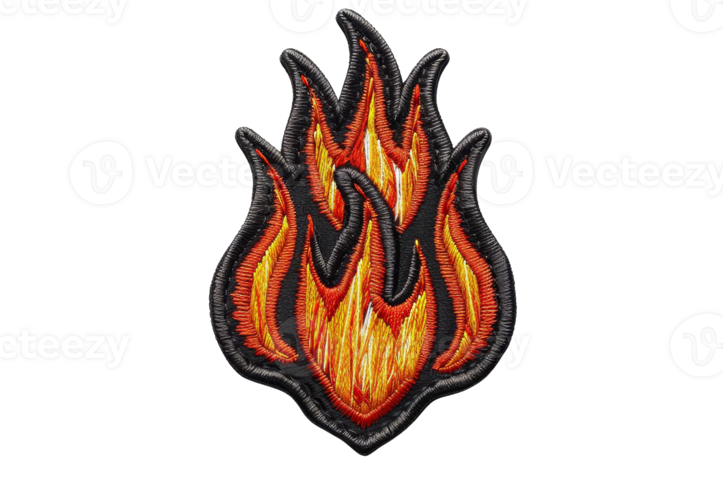 Stylized embroidered flame patch with bright orange and red threads on black background. Ideal for clothing decor, accessories, and DIY projects. png