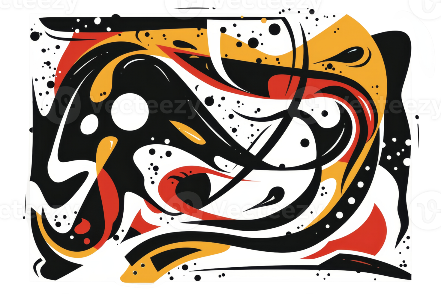 Abstract modern art with black, white, red, and yellow shapes and splashes for creative backgrounds or prints. png