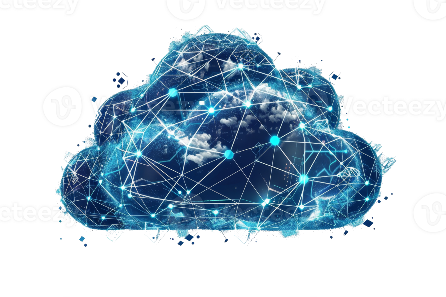 A digital representation of a cloud with interconnected nodes, symbolizing cloud computing and data networks in technology. png