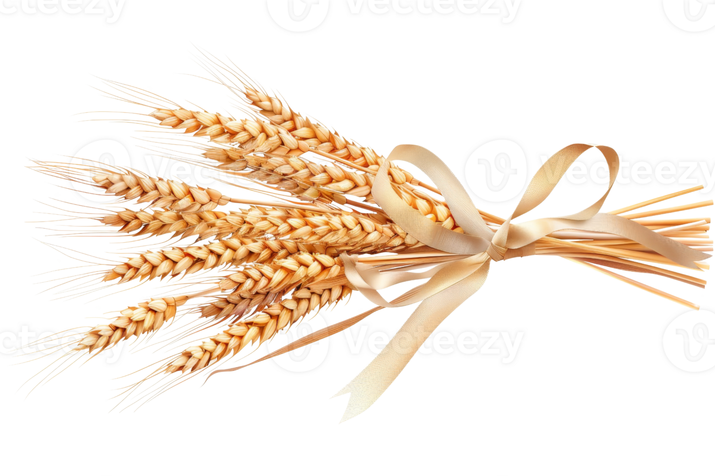 A beautifully arranged bundle of golden wheat tied with a satin ribbon, symbolizing harvest and agricultural abundance on a transparent background. png