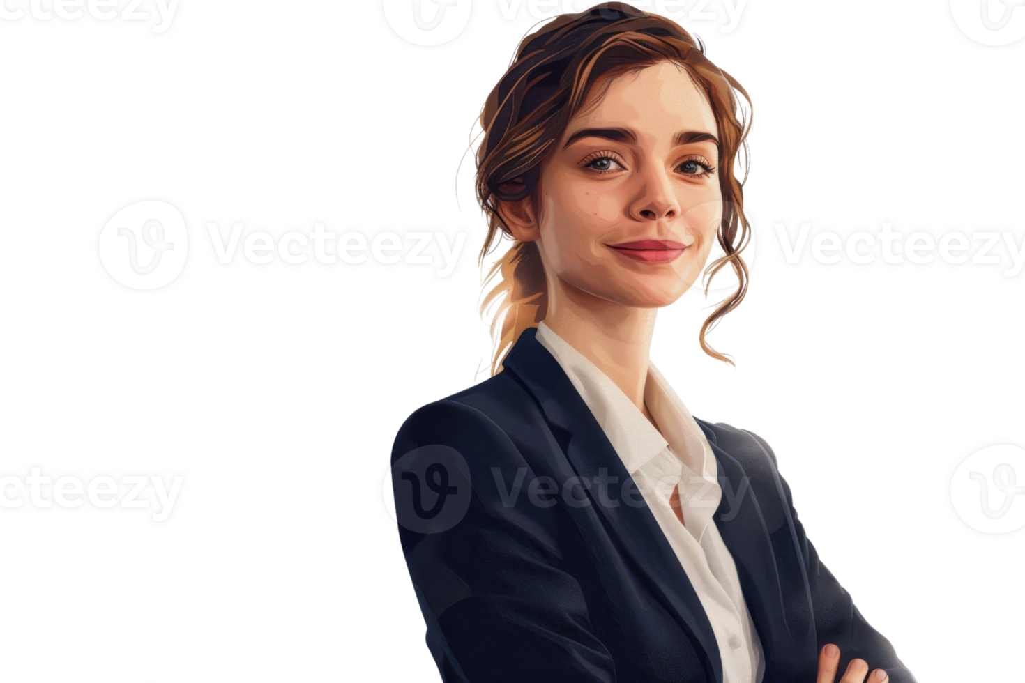 Confident businesswoman in professional attire standing with arms crossed, smiling, isolated on transparent background. png
