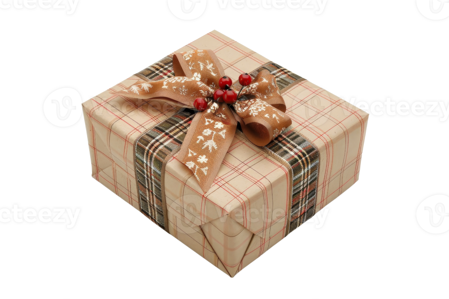 Beautifully wrapped gift box with a plaid ribbon and decorative bow, perfect for Christmas, holidays, and special occasions. png