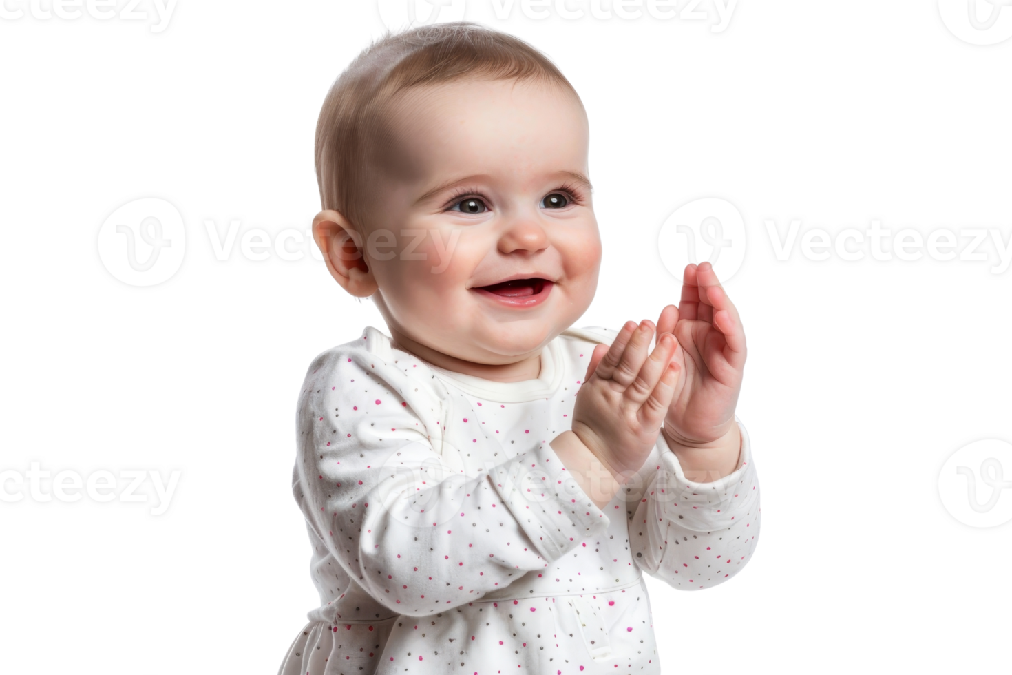 Adorable baby in a white outfit clapping hands and smiling happily. Isolated on a transparent background. perfect for family or parenting themes. png