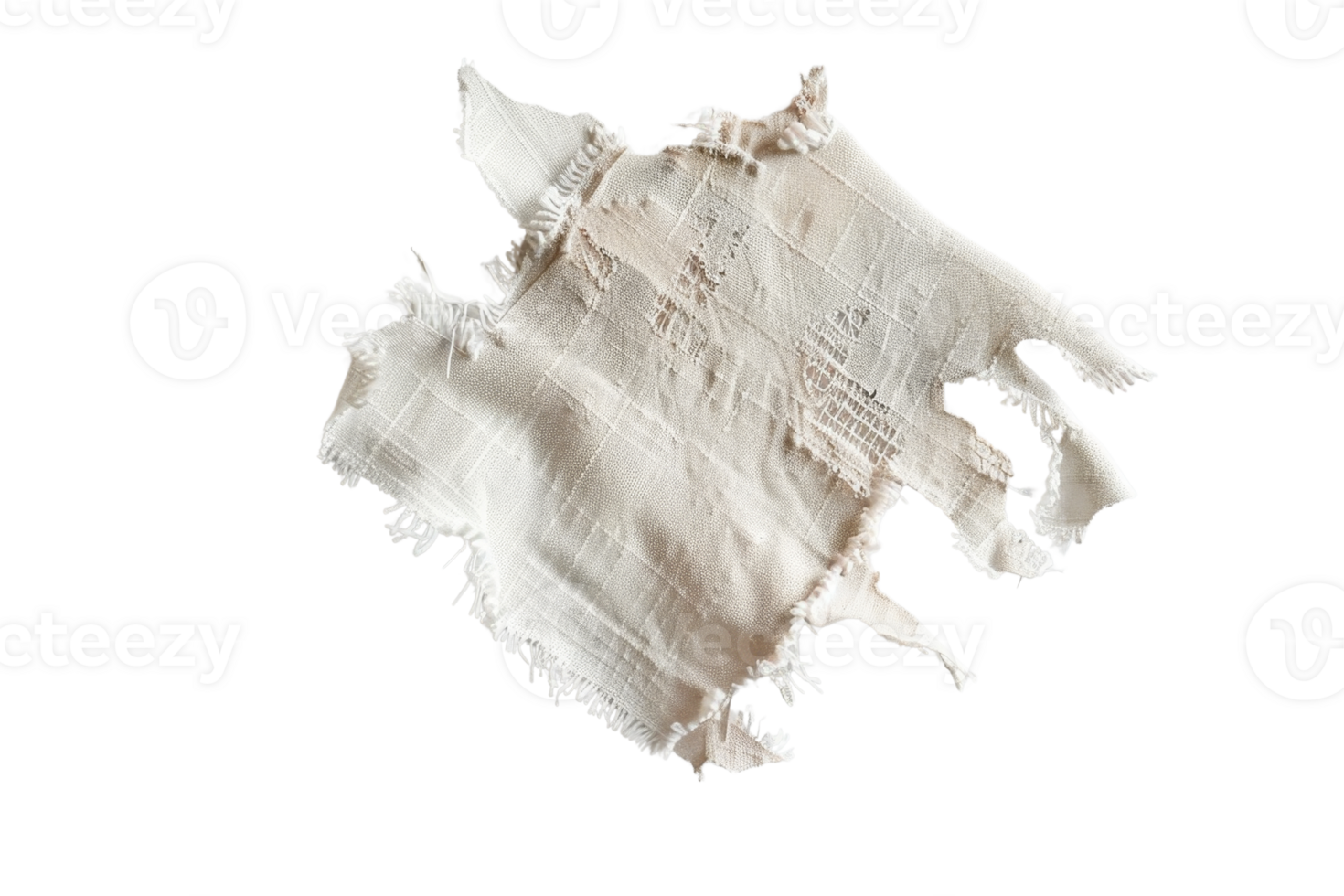 A piece of torn fabric with a white background. The torn fabric has a rough texture and he is frayed png