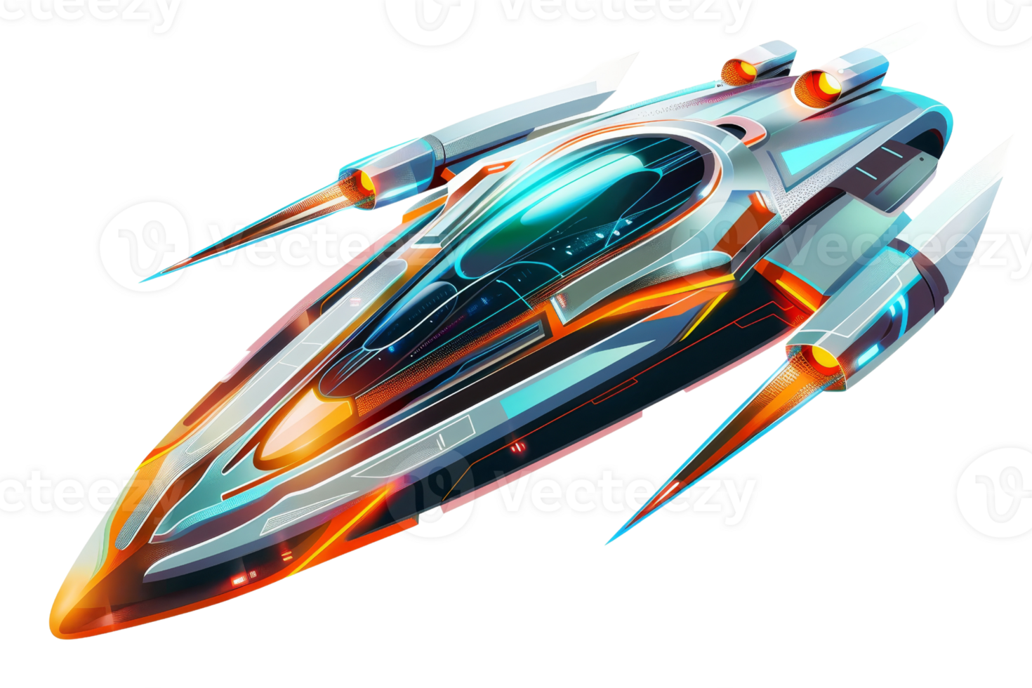 A futuristic space ship with a blue and orange design. The ship is flying through space with a sense of adventure and excitement png