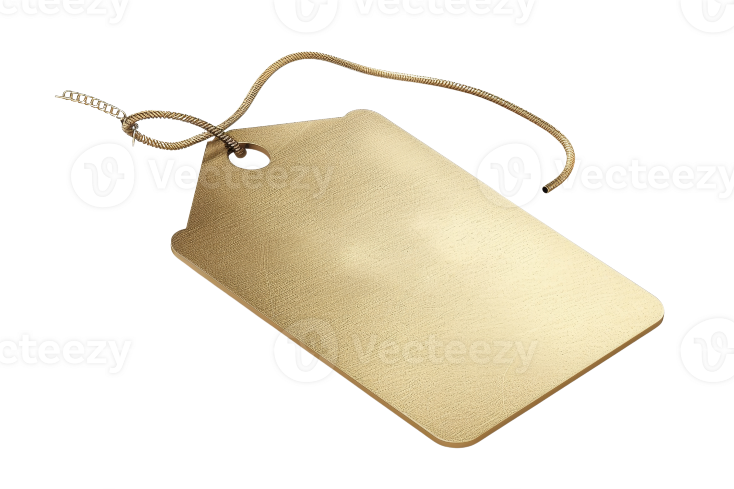 een goud label met een zilver keten hangende van het. de label is Aan een wit achtergrond png