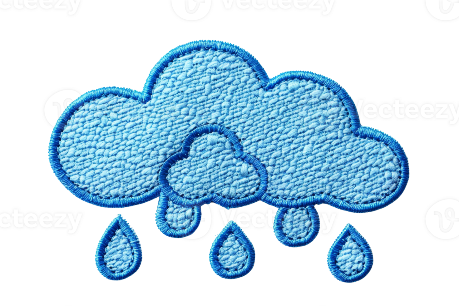 Embroidery design of a blue cloud with raindrops, perfect for weather-themed projects or apparel. High-resolution isolated on a transparent background. png