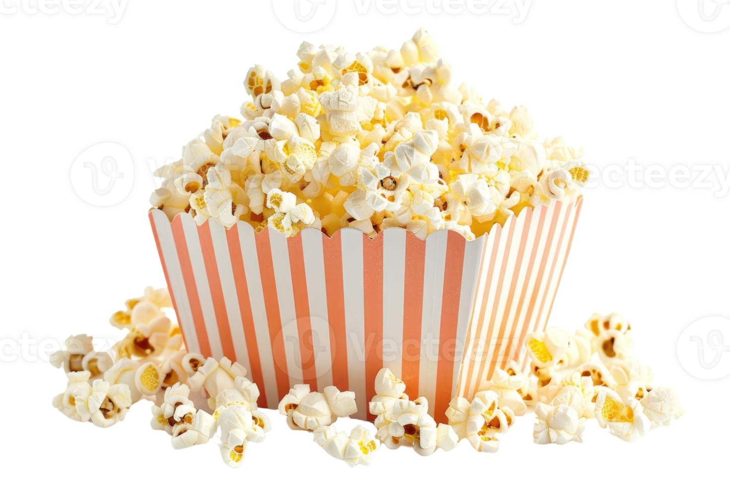 A close-up of a striped popcorn box filled with freshly popped popcorn, perfect for movie nights, parties, and snacks. png