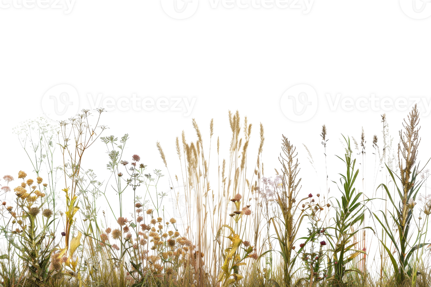 A variety of wild grasses and plants in a natural setting, showcasing diverse textures and colors against a transparent background. png