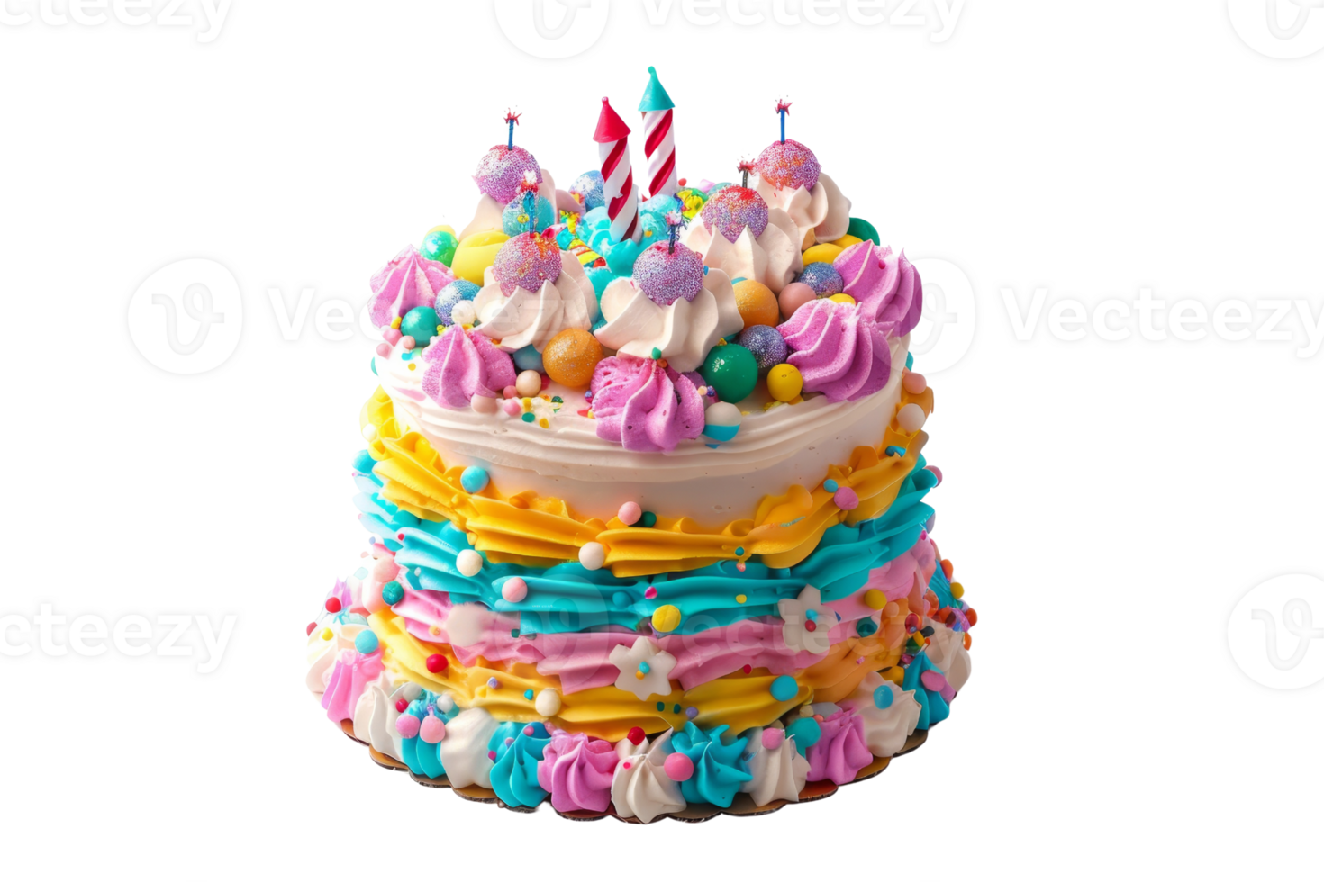 Colorful unicorn-themed birthday cake with vibrant icing, decorative elements, and candles, perfect for celebratory occasions and joyful parties. png