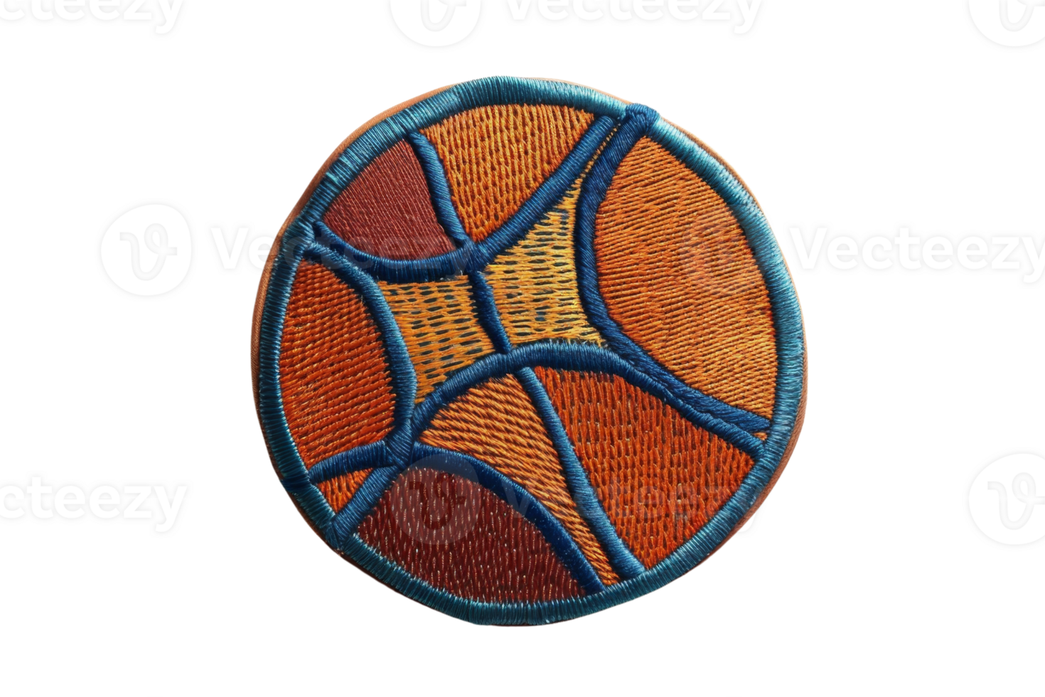 Colorful circular embroidery patch with intricate geometric patterns in blue, orange, and brown tones, ideal for textile decoration and crafts. png