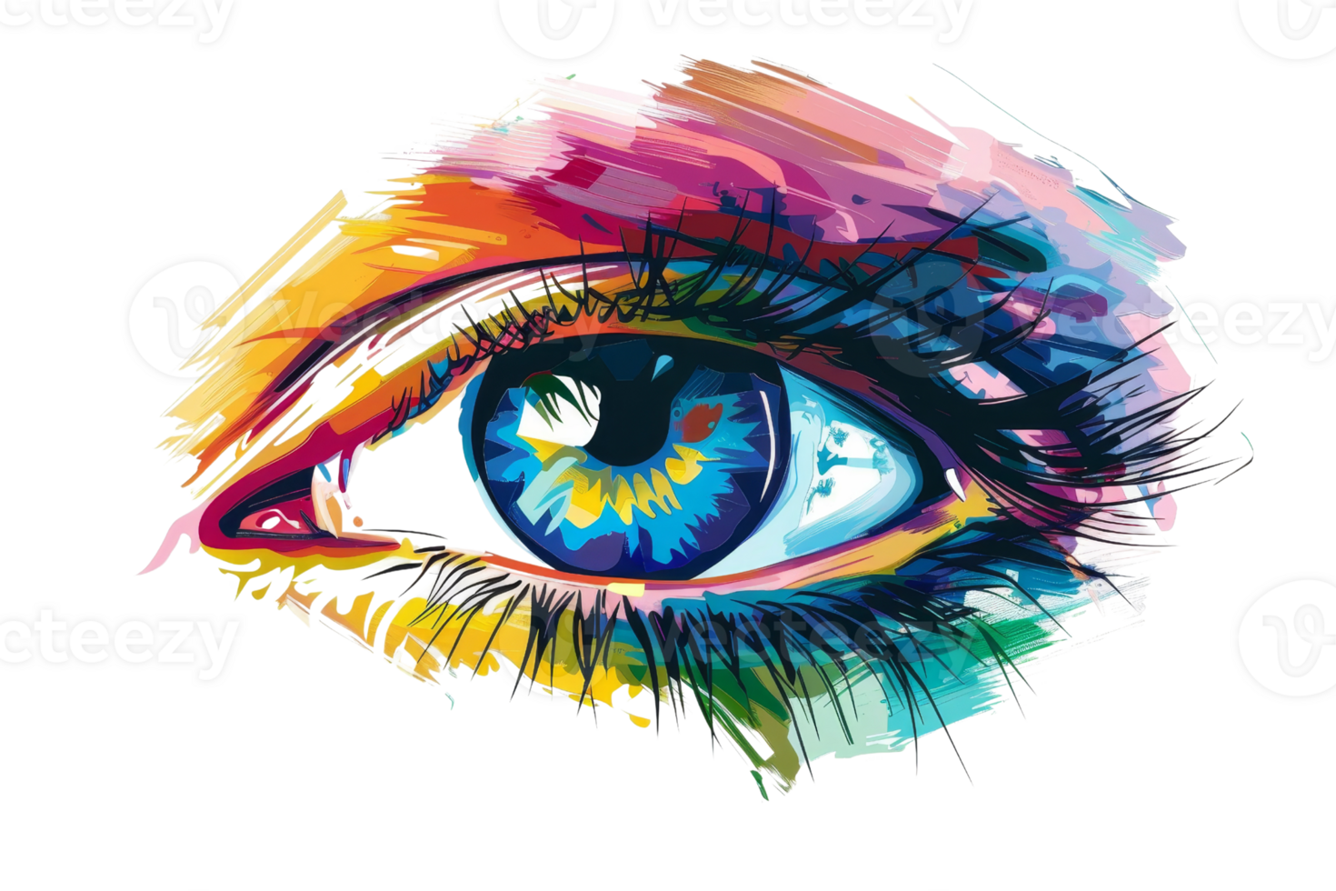 A colorful eye with long lashes. The eye is surrounded by a white background. The colors of the eye are vibrant and eye-catching png
