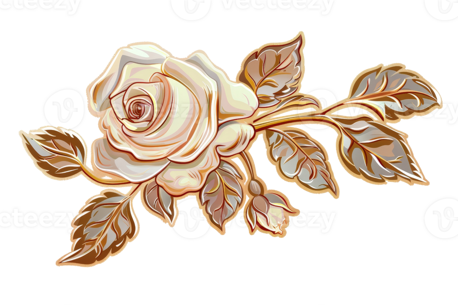 A white rose with a gold leaf is the main focus of the image. The rose is surrounded by a leaf, which is also gold in color. Scene is elegant and sophisticated, as the gold accents on the rose png
