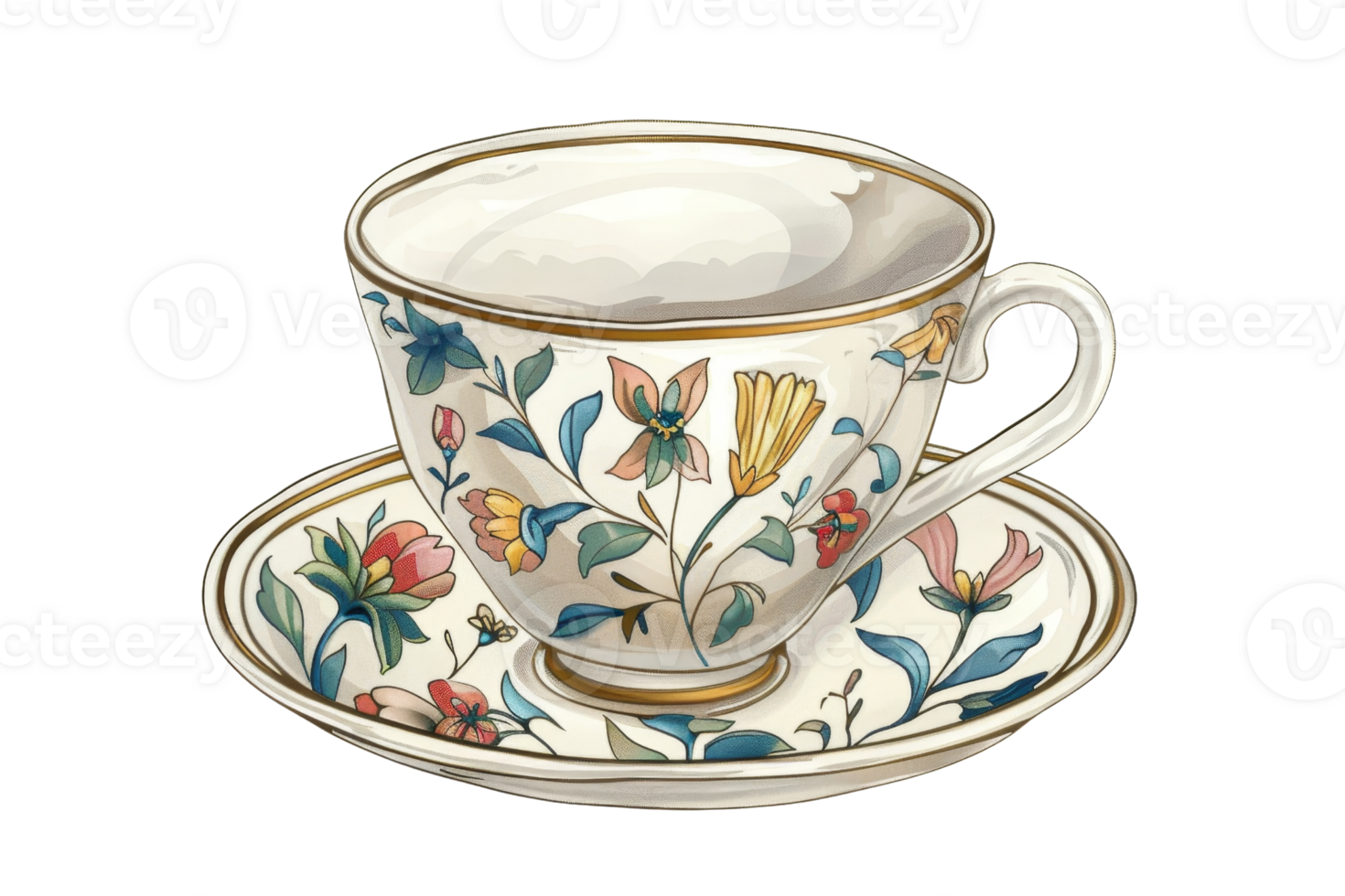 A white cup with a floral design sits on a white saucer. The cup is decorated with a variety of flowers and leaves, and the saucer is also adorned with floral patterns png